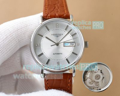 Replica Longines Silver Dial Brown Leather Strap Men's Watch 42mm